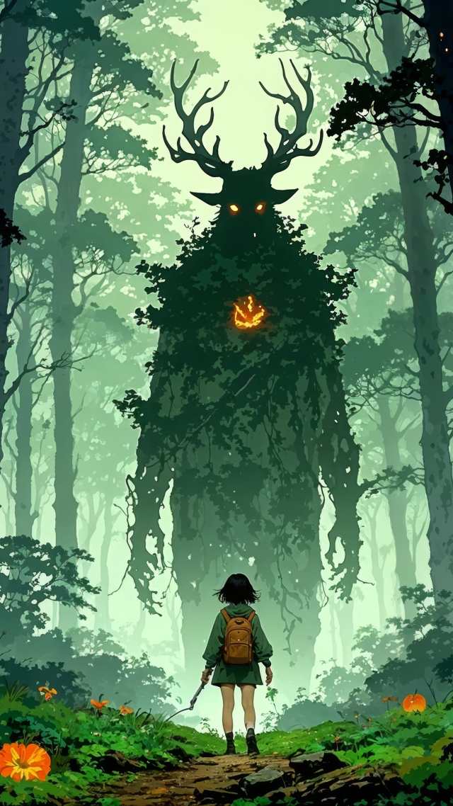 forest spirit wallpaper, mystical beings, dark woods, background for mobile wallpaper (vertical)