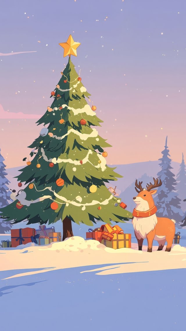 pine tree forest wallpaper, festive lights, cozy fireplace, background for mobile wallpaper (vertical)