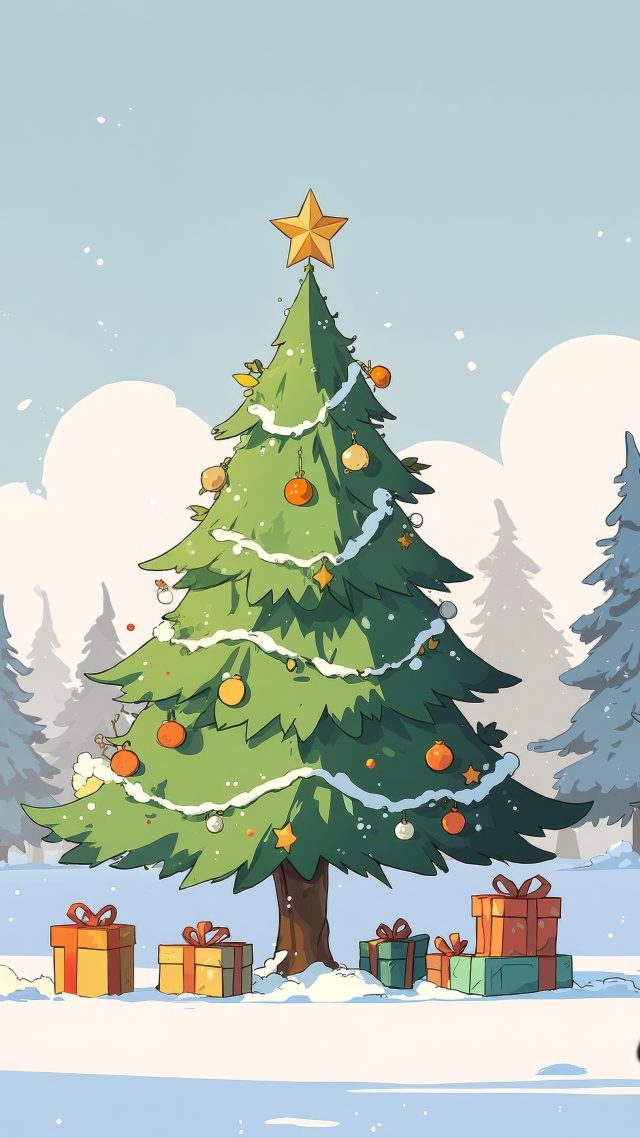 pine tree forest wallpaper, snowy evening, snow-covered pine tree, background for mobile wallpaper (vertical)