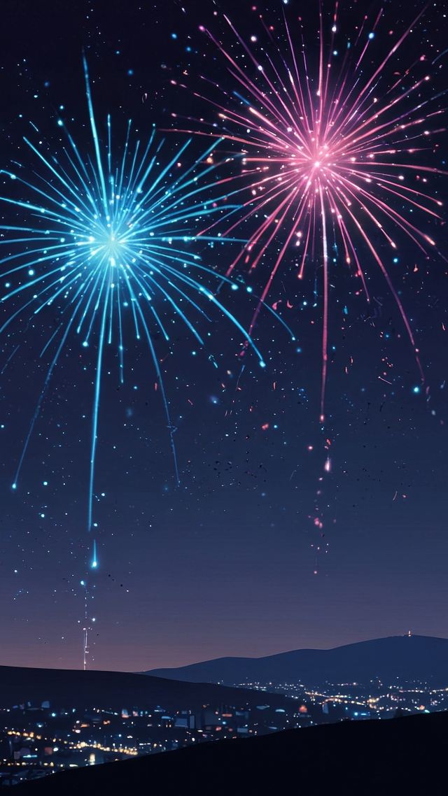 new year fireworks wallpaper, cityscape, city lights, background for mobile wallpaper (vertical)