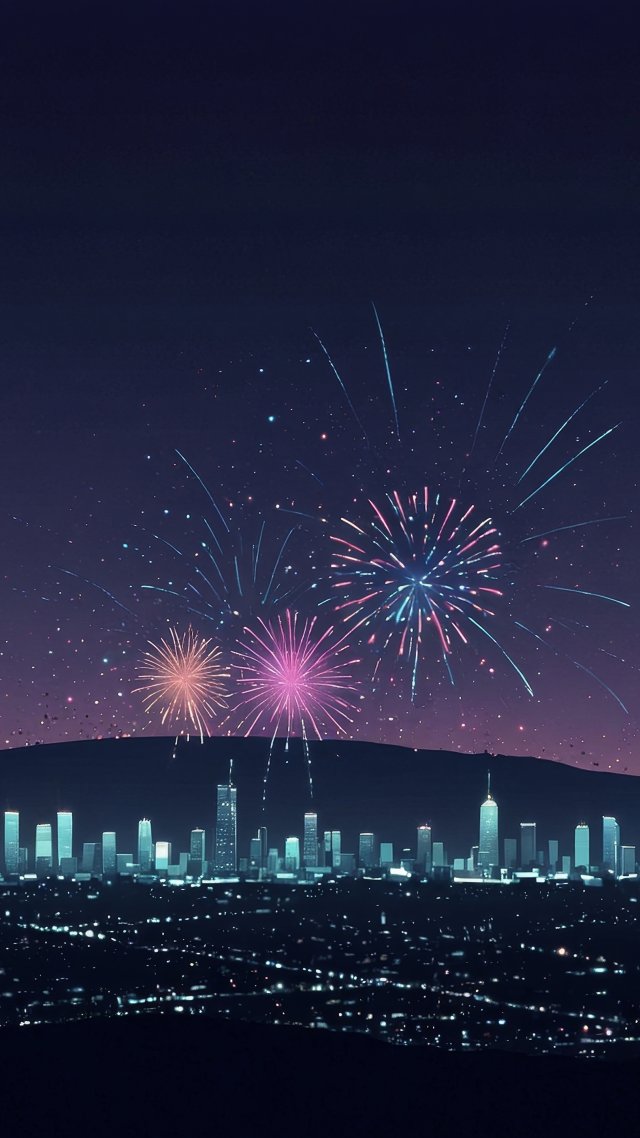 new year fireworks wallpaper, cityscape, holiday festivities, background for mobile wallpaper (vertical)