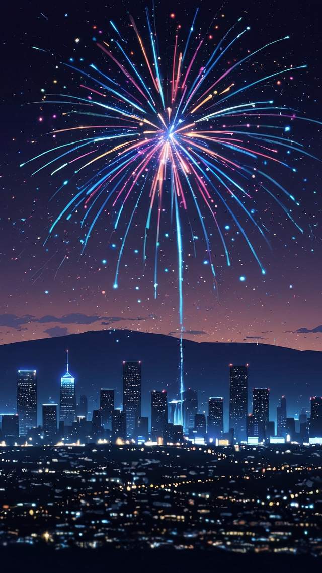 new year fireworks wallpaper, cityscape, city lights, background for mobile wallpaper (vertical)