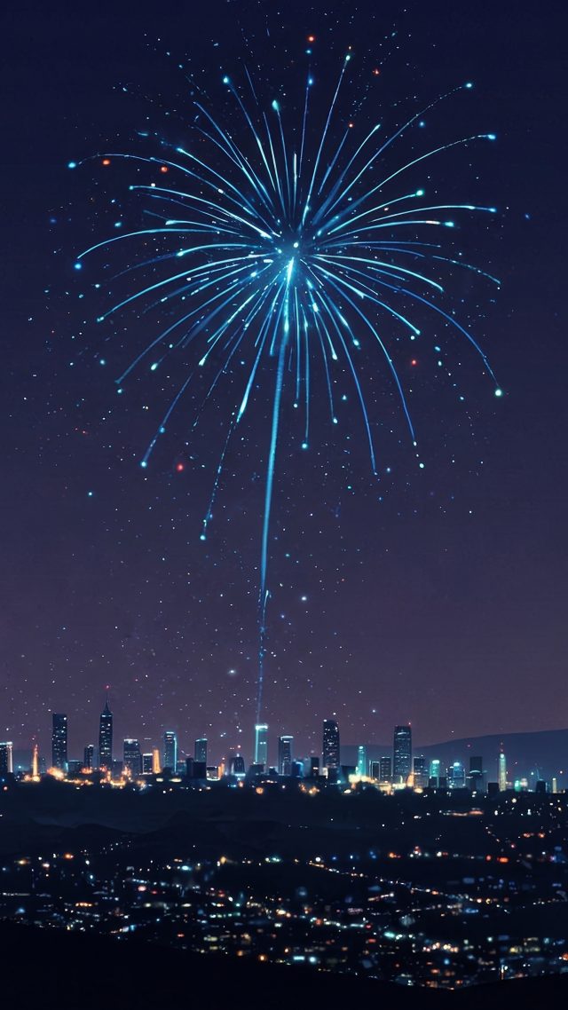 new year fireworks wallpaper, cityscape, countdown to midnight, background for mobile wallpaper (vertical)