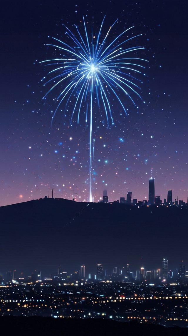 new year fireworks wallpaper, cityscape, city skyline, background for mobile wallpaper (vertical)
