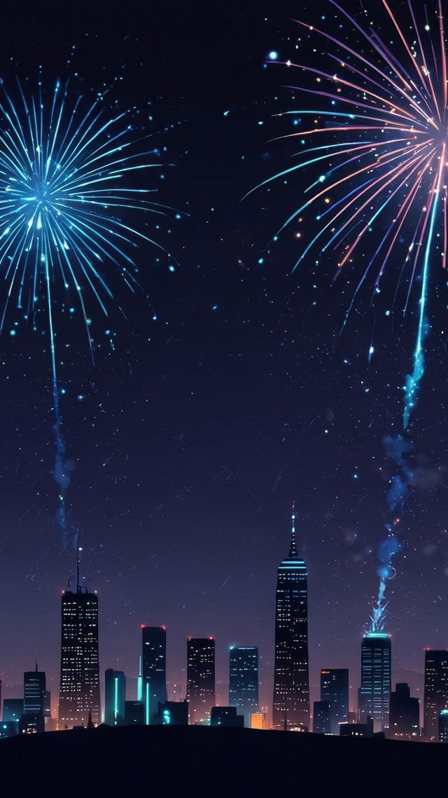 new years eve wallpaper, city lights, urban landscape, background for mobile wallpaper (vertical)