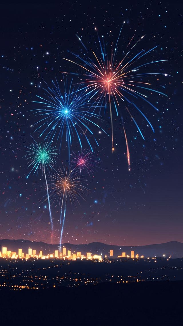 new years eve wallpaper, city lights, city skyline, background for mobile wallpaper (vertical)