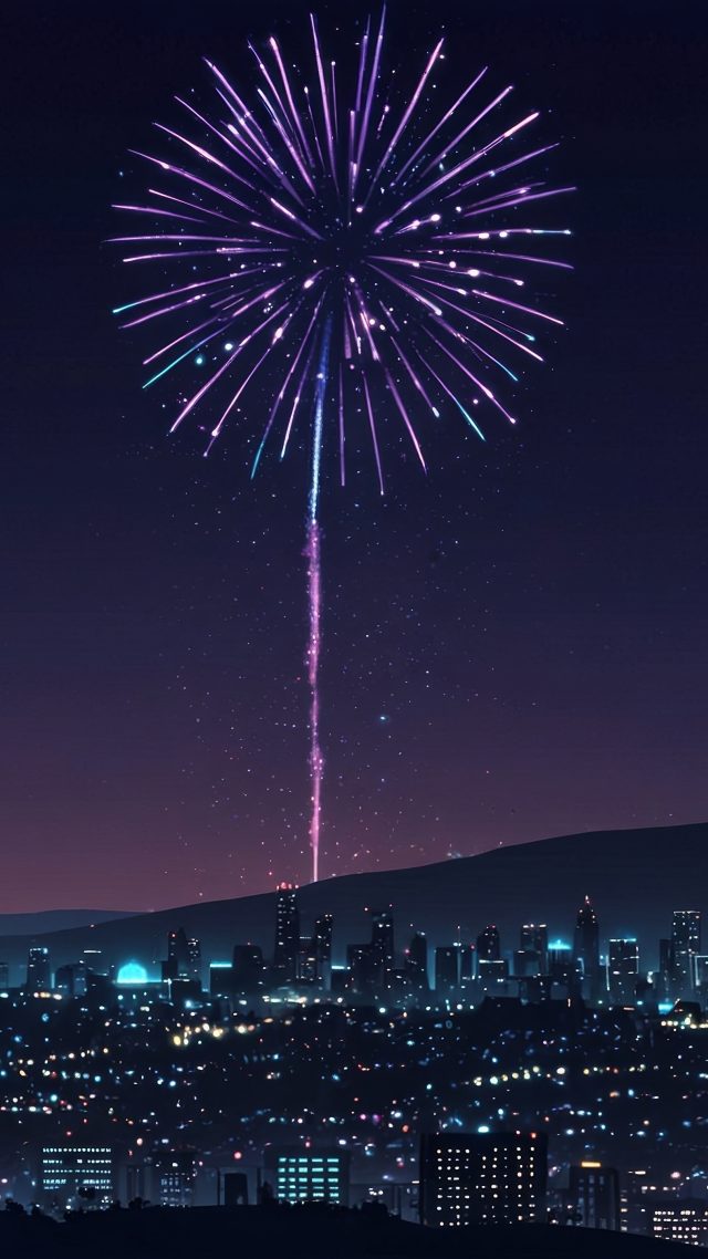 new years eve wallpaper, fireworks display, skyline view, background for mobile wallpaper (vertical)