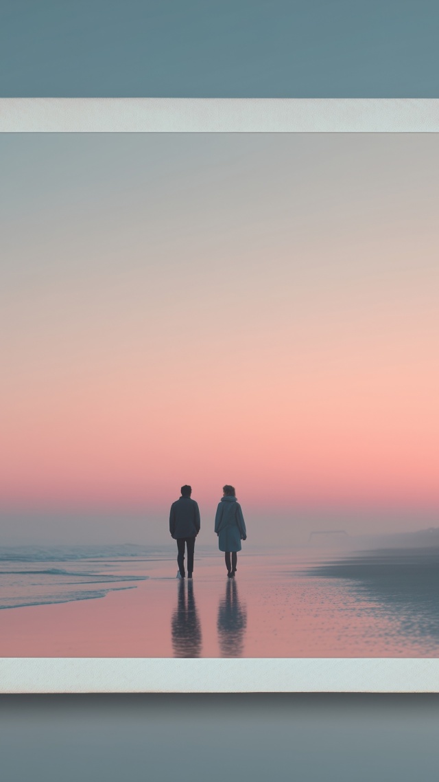 beach couple wallpaper, dreamy aesthetic, intimate moments, background for mobile wallpaper (vertical)