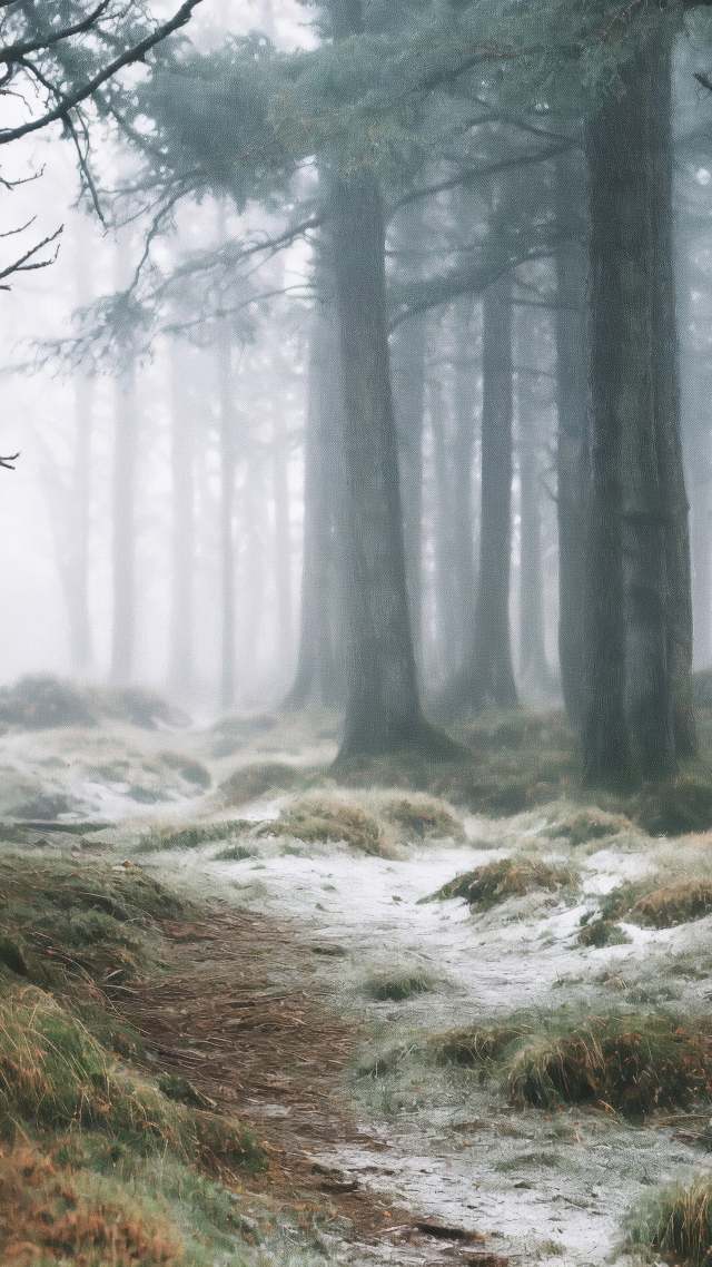 snowy woods wallpaper, haze, cold winter, background for mobile wallpaper (vertical)