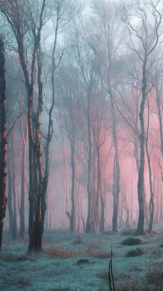 enchanting wallpaper, foggy trees, mystical woods, background for mobile wallpaper (vertical)