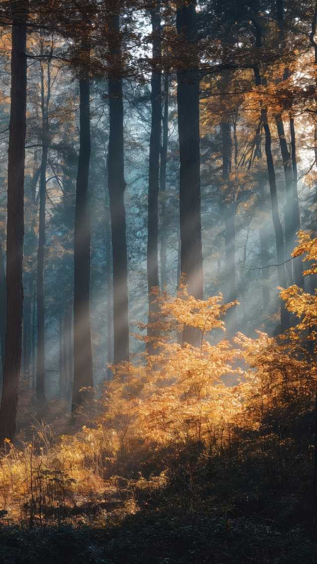 woodland trail wallpaper, sunlit trees, atmospheric lighting, background for mobile wallpaper (vertical)