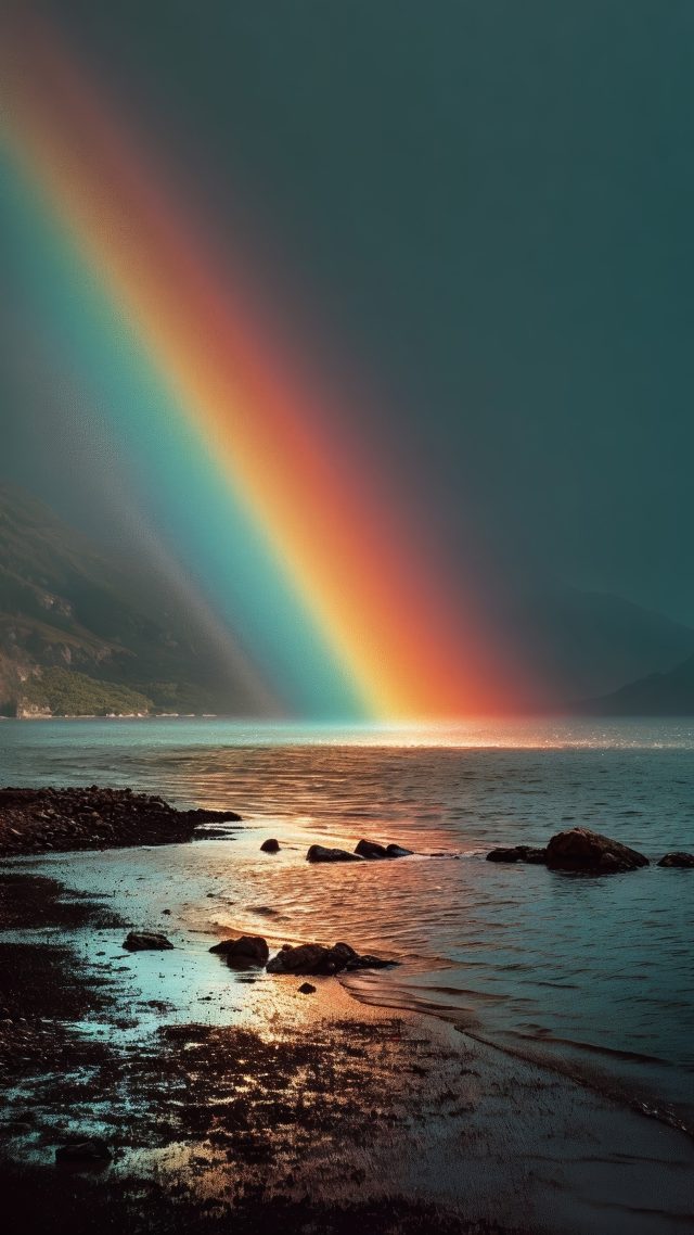 reflective surface wallpaper, dusk colors, colorful sunset, background for mobile wallpaper (vertical)