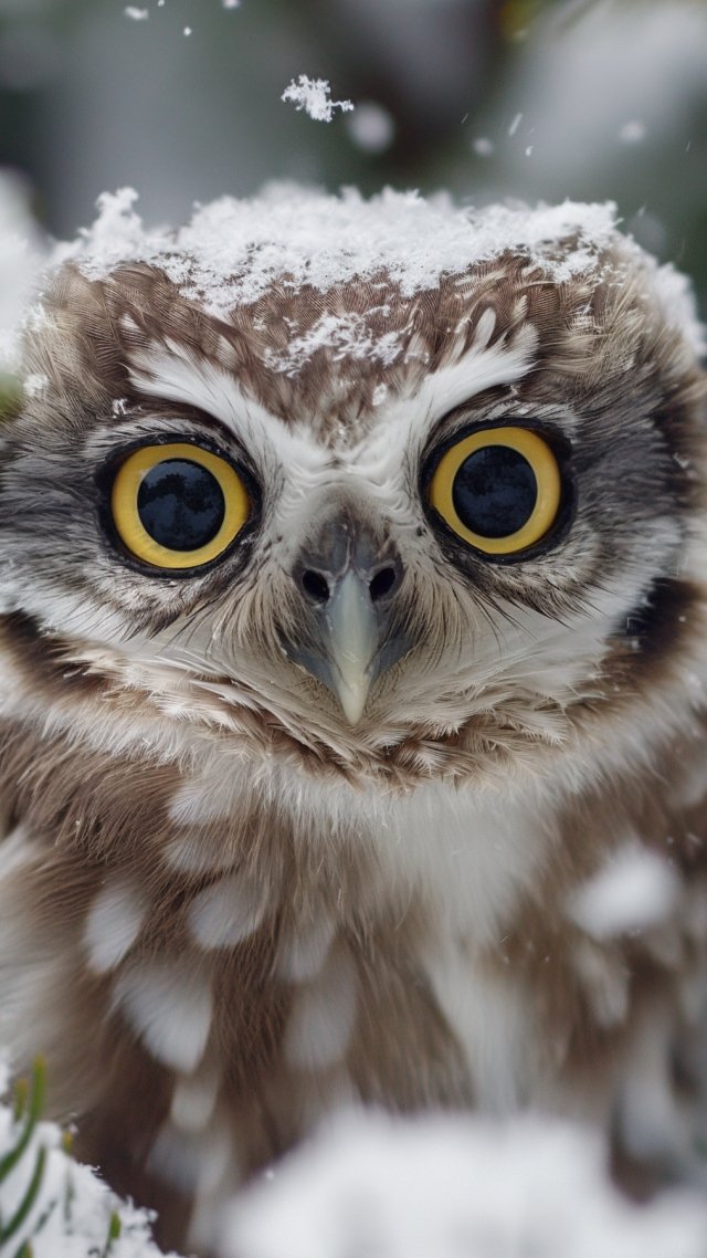 owl wallpaper, cute snowy creatures, adorable birds, background for mobile wallpaper (vertical)