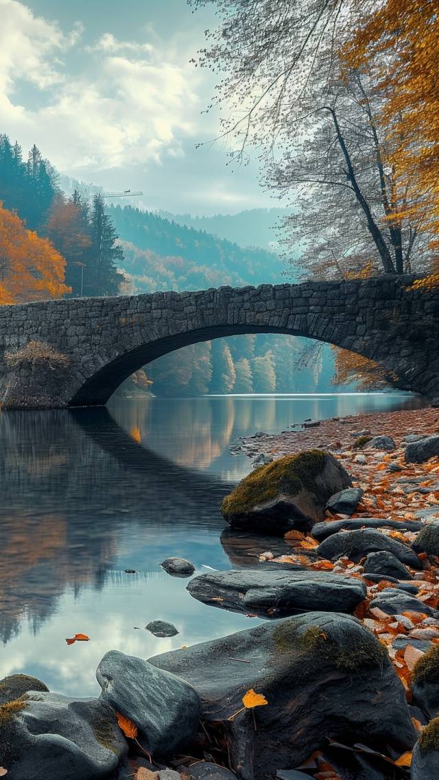 autumn forest wallpaper, rocks, bridge, background for mobile wallpaper (vertical)