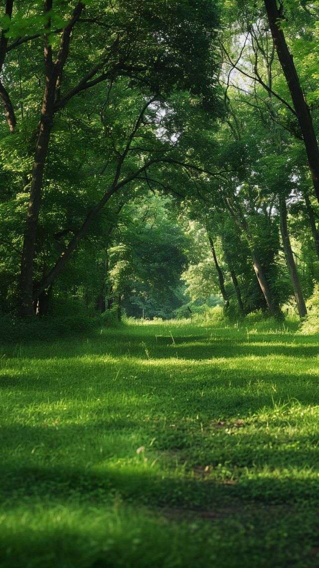 summer forest wallpaper, vibrant greenery, serene nature, background for mobile wallpaper (vertical)