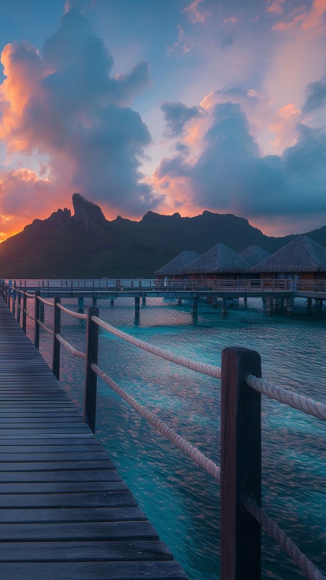 French Polynesia wallpaper, sunset, luxury bungalow, background for mobile wallpaper (vertical)